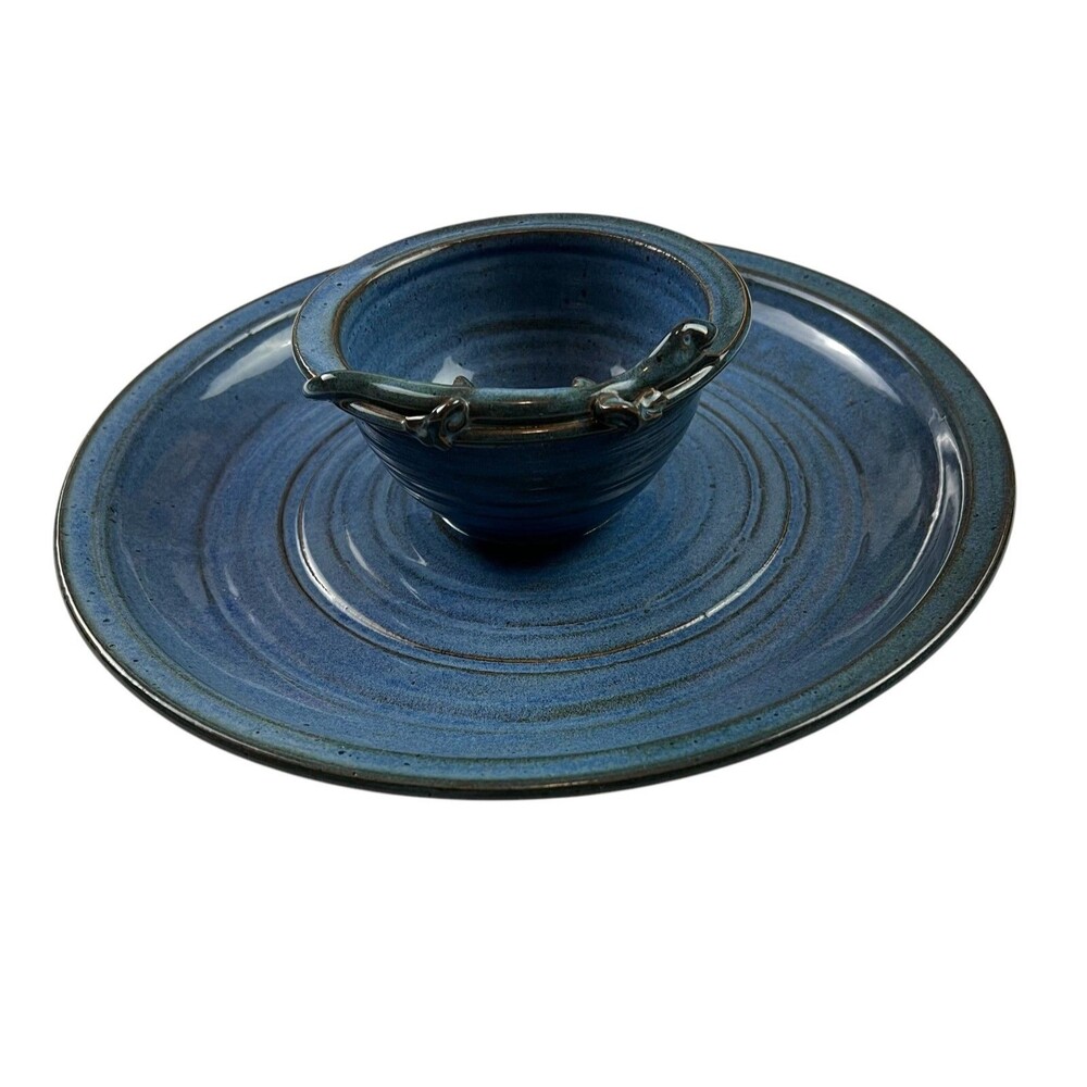 Handmade Blue Gecko / Lizard Pottery Chip & Dip Serving Platter Dish  Signed